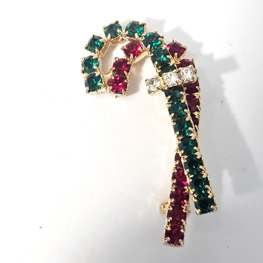 Vintage Red & Green Candy Cane Brooch Rhinestone Holiday Christmas Pin Gold Tone